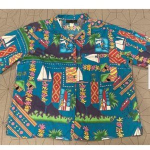 Vtg Peter Elliott Hawaiian Blouse Shirt Womens Sz 44 Button Tiki Rainbow Wagon